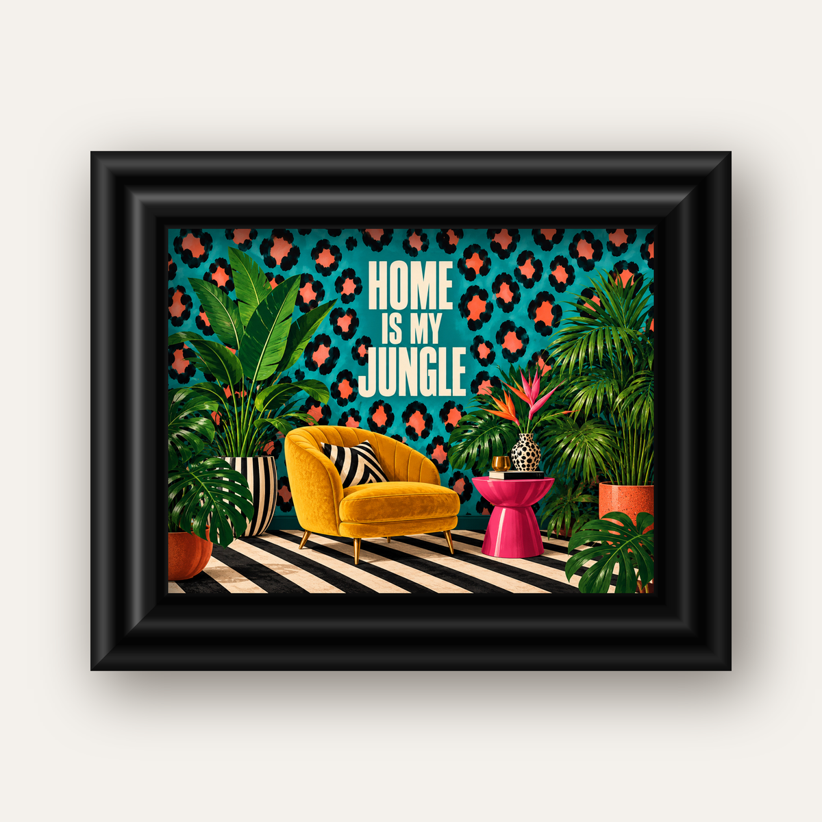 Egzotik Salon Dekorasyonu Poster – HOME IS MY JUNGLE Baskı — siyah galeri çerçeveli
