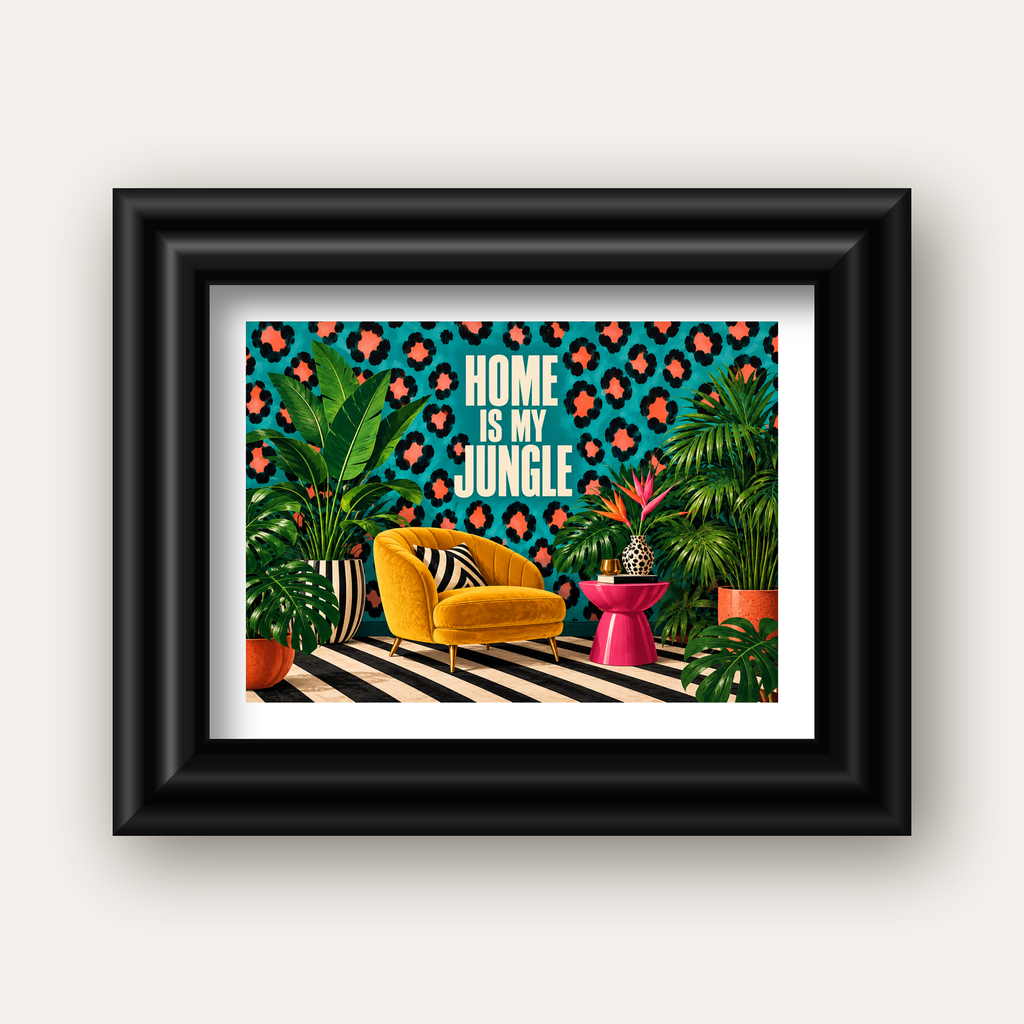 Egzotik Salon Dekorasyonu Poster – HOME IS MY JUNGLE Baskı — siyah galeri çerçeveli paspartulu