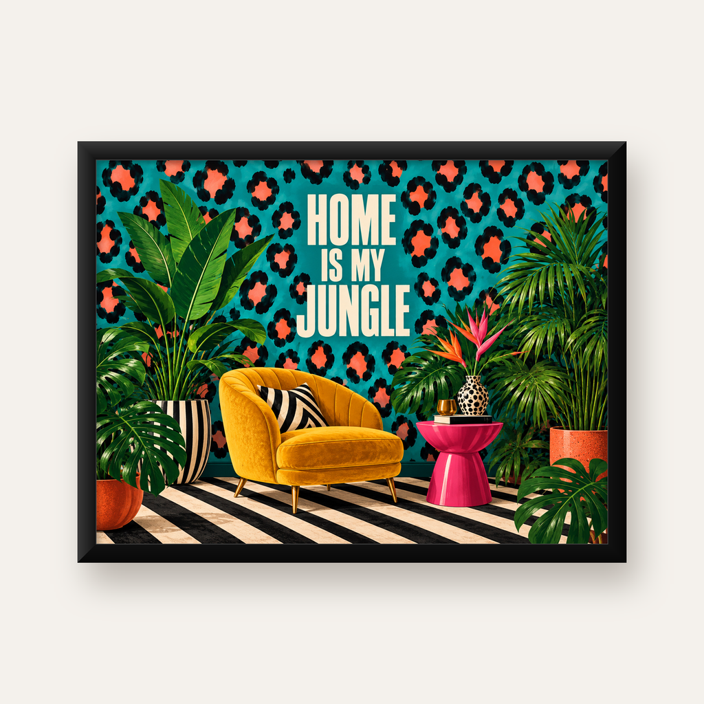 Egzotik Salon Dekorasyonu Poster – HOME IS MY JUNGLE Baskı — Yatay baskı, düz siyah çerçeveli duvar posteri
