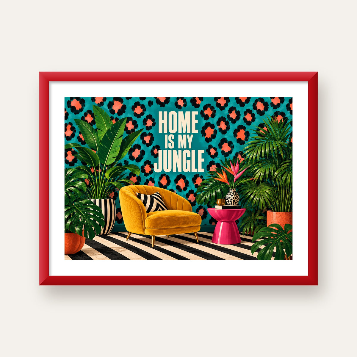 Egzotik Salon Dekorasyonu Poster – HOME IS MY JUNGLE Baskı — kırmızı çerçeveli paspartulu