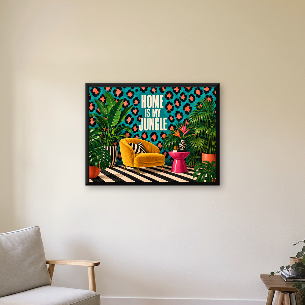 Egzotik Salon Dekorasyonu Poster – HOME IS MY JUNGLE Baskı — Yatay baskı, çerçeveli hâliyle bir ev duvarında