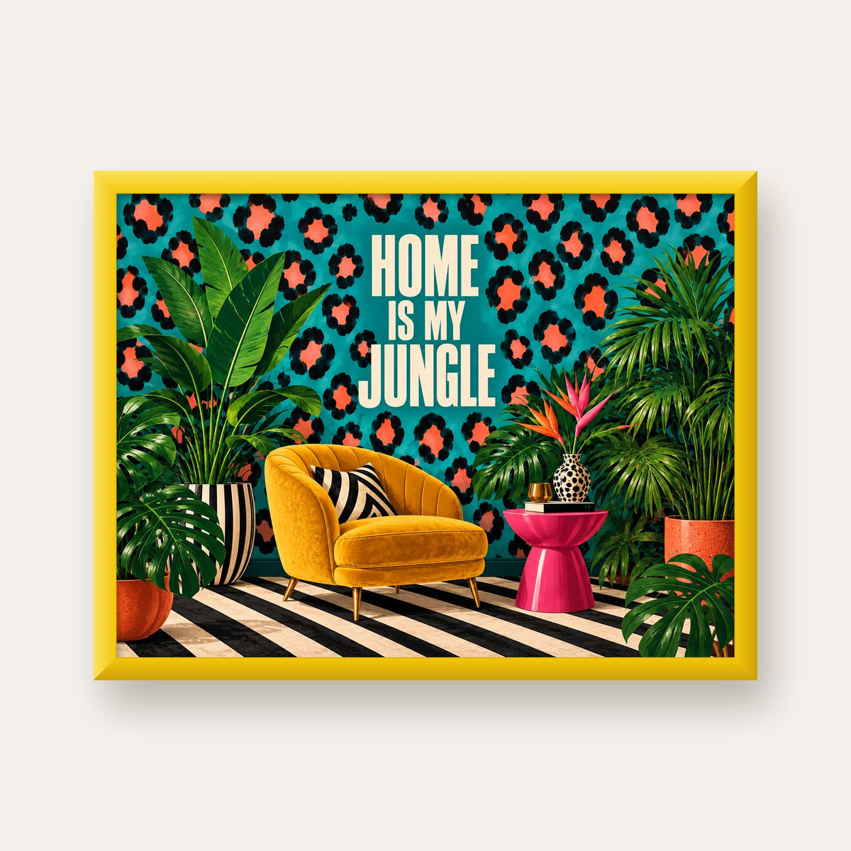 Egzotik Salon Dekorasyonu Poster – HOME IS MY JUNGLE Baskı — sarı çerçeveli