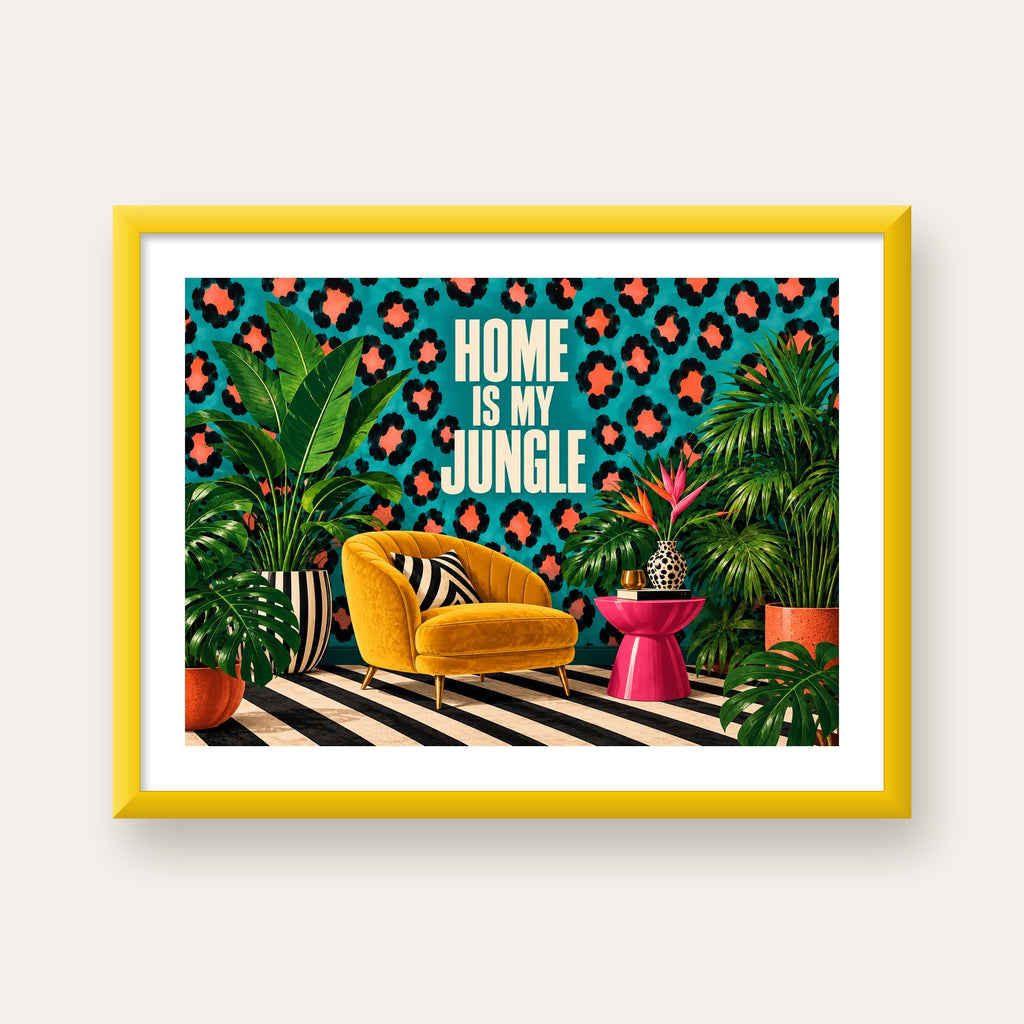 Egzotik Salon Dekorasyonu Poster – HOME IS MY JUNGLE Baskı — sarı çerçeveli paspartulu