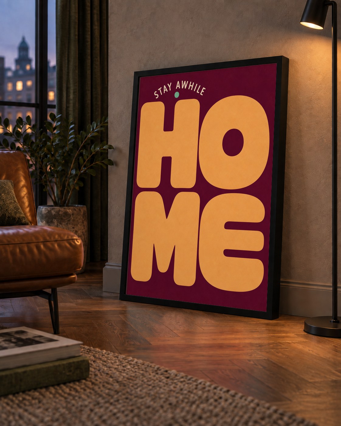 Home Stay Awhile Retro Tipografi Posteri — çerçeveli hâliyle bir ev duvarında