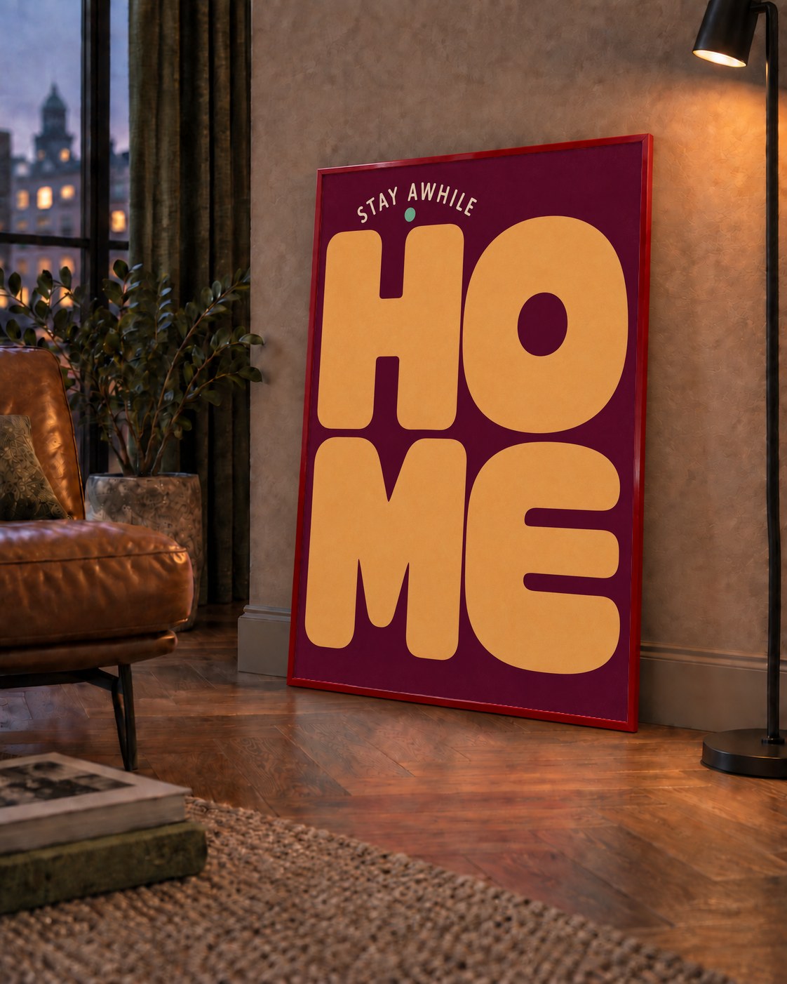 Home Stay Awhile Retro Tipografi Posteri — çerçeveli hâliyle bir ev duvarında