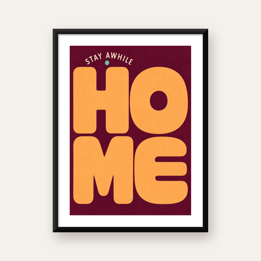 Modern Tipografik HOME Ev Posteri – Turuncu Renkli Duvar Dekoru — Dikey baskı, beyaz kenar boşluklu