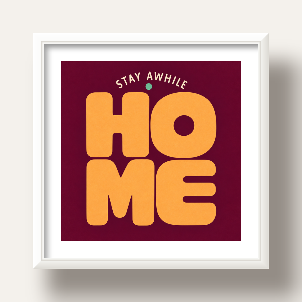 Home Stay Awhile Retro Tipografi Posteri — beyaz derin çerçeveli paspartulu