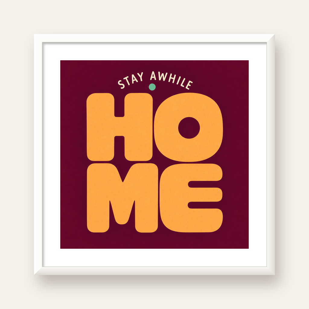 Home Stay Awhile Retro Tipografi Posteri — beyaz çerçeveli kare poster
