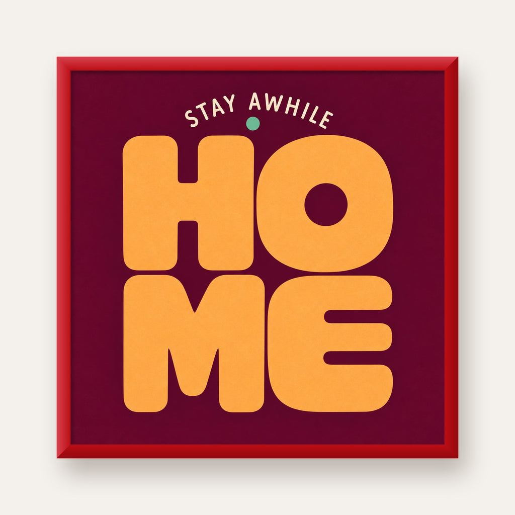 Home Stay Awhile Retro Tipografi Posteri — kırmızı çerçeveli