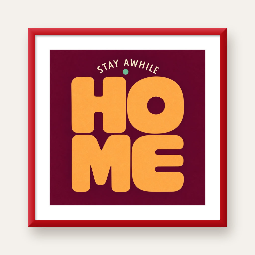 Home Stay Awhile Retro Tipografi Posteri — kırmızı çerçeveli paspartulu