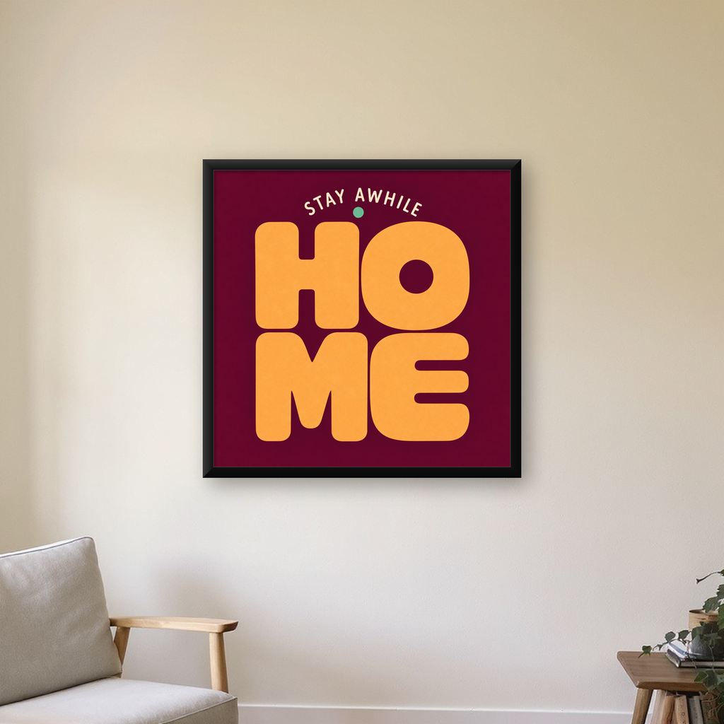 Modern Tipografik HOME Ev Posteri – Turuncu Renkli Duvar Dekoru — Kare baskı, çerçeveli hâliyle bir ev duvarında