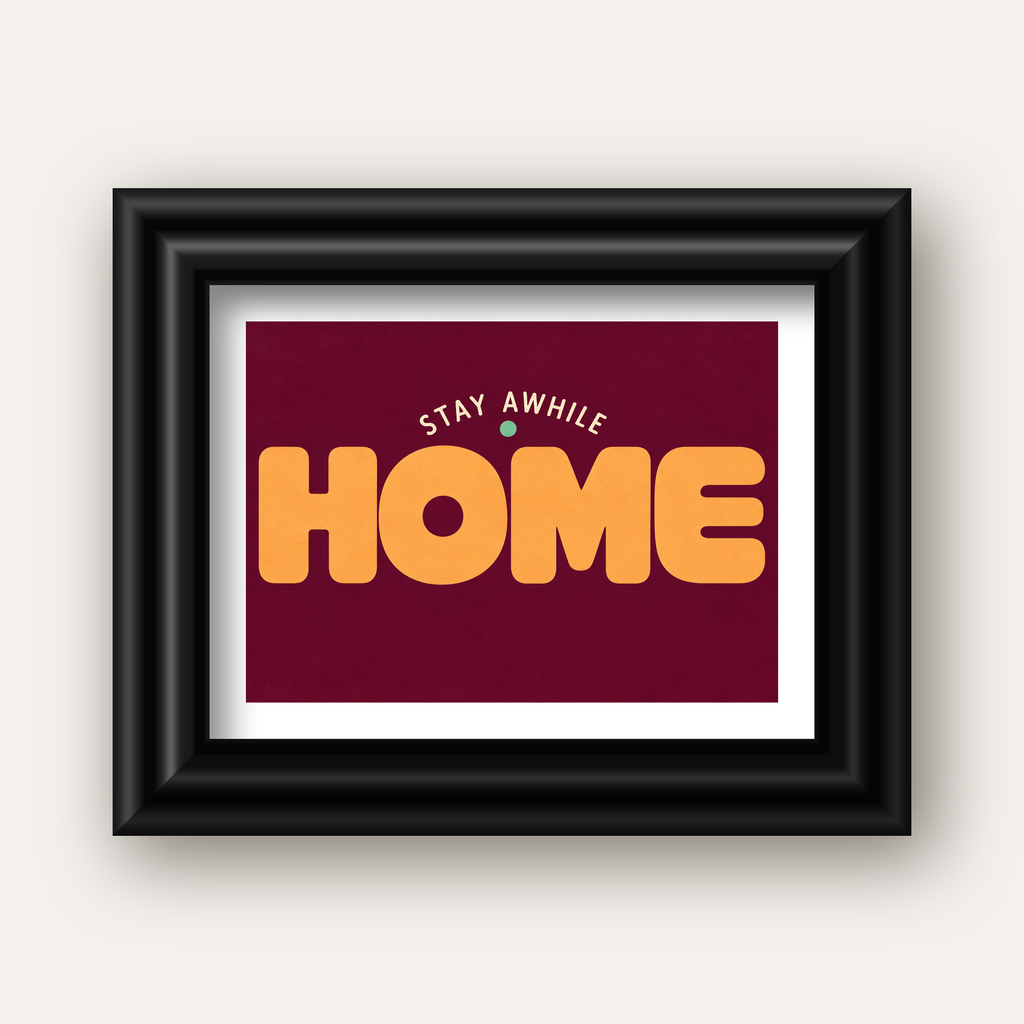 Home Stay Awhile Retro Tipografi Posteri — siyah galeri çerçeveli paspartulu