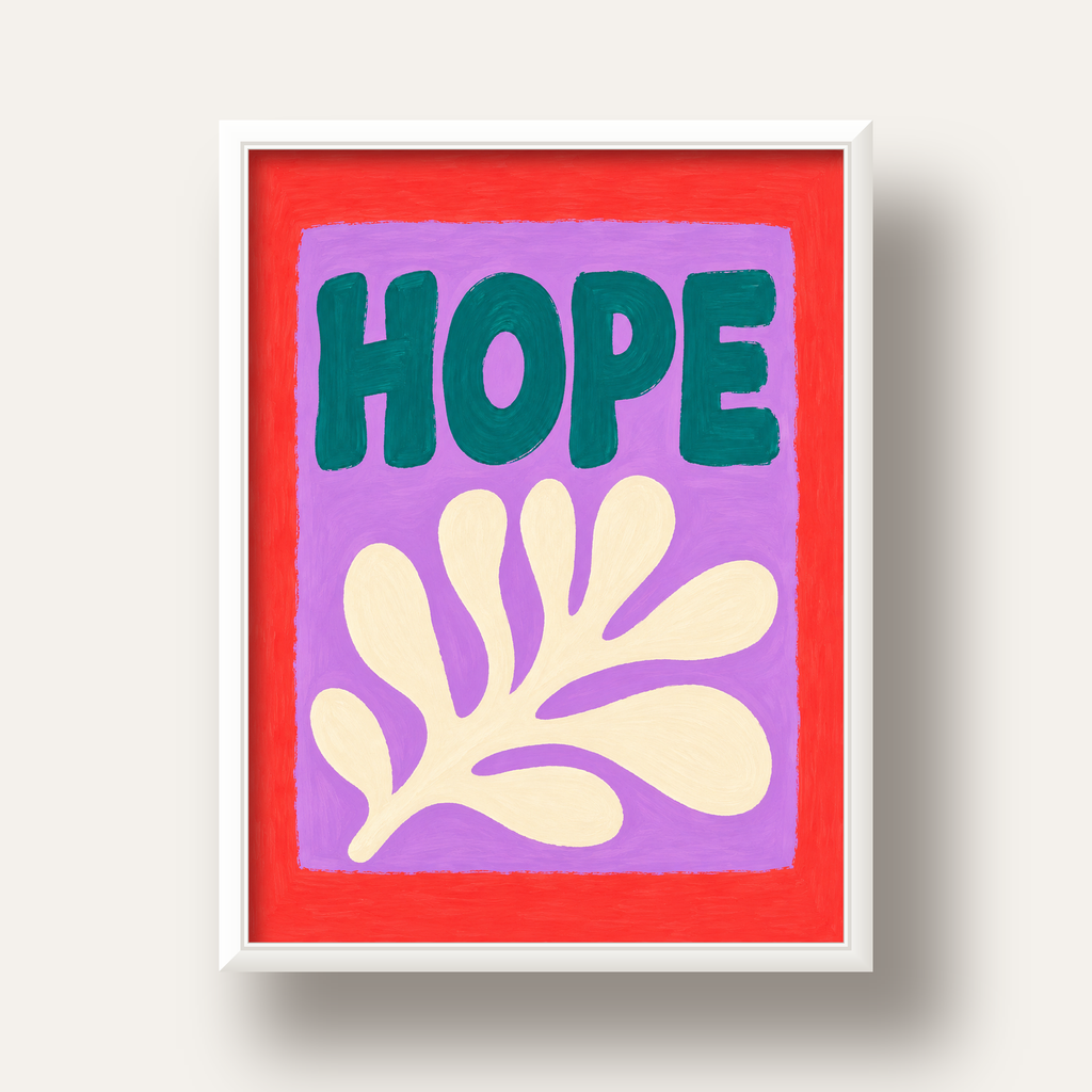 HOPE Yazılı Umut Temalı Soyut Yaprak Poster — beyaz derin çerçeveli