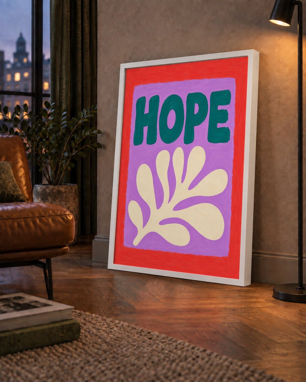 HOPE Yazılı Umut Temalı Soyut Yaprak Poster — çerçeveli hâliyle bir ev duvarında