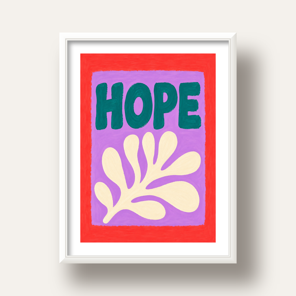 HOPE Yazılı Umut Temalı Soyut Yaprak Poster — beyaz derin çerçeveli paspartulu