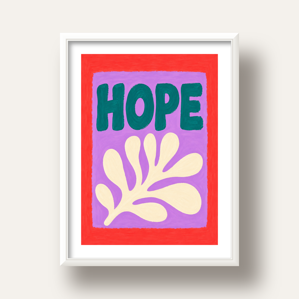 HOPE Yazılı Umut Temalı Soyut Yaprak Poster — beyaz derin çerçeveli paspartulu