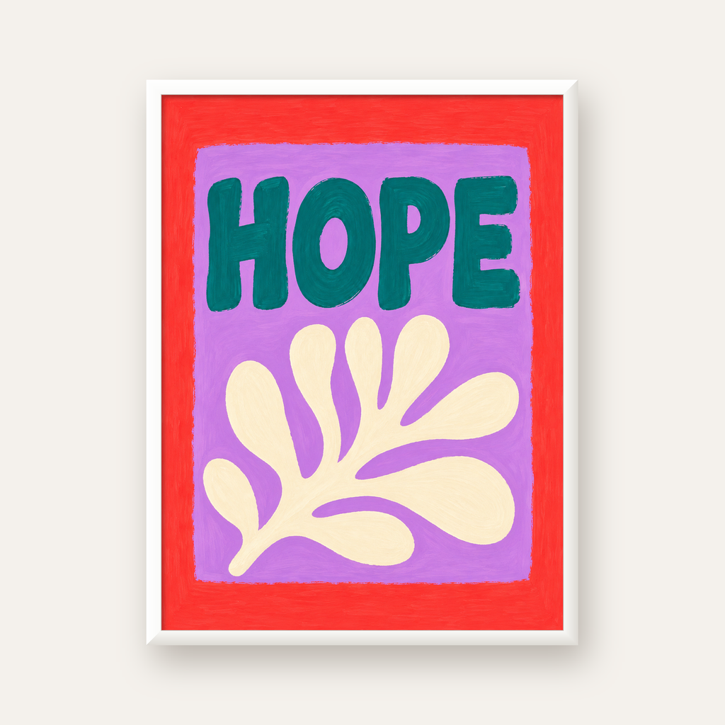 HOPE Yazılı Umut Temalı Soyut Yaprak Poster — beyaz çerçeveli dikey poster