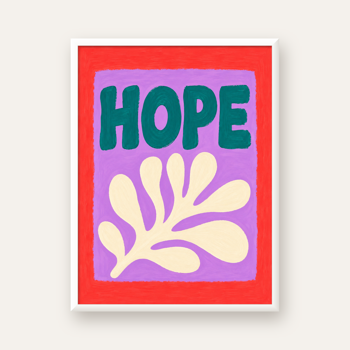 HOPE Yazılı Umut Temalı Soyut Yaprak Poster — beyaz çerçeveli dikey poster