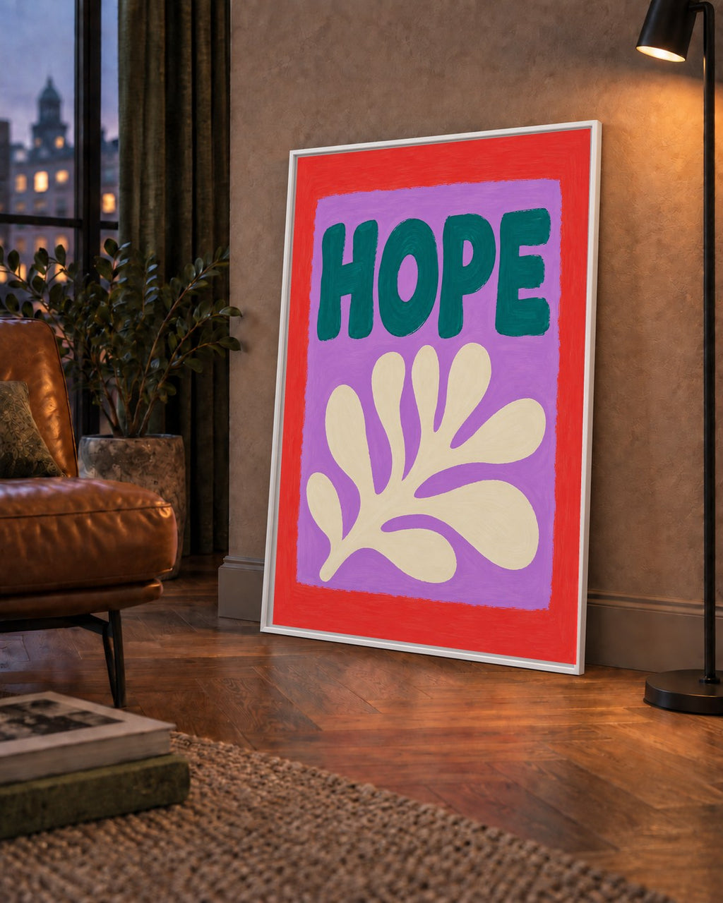 HOPE Yazılı Umut Temalı Soyut Yaprak Poster — çerçeveli hâliyle bir ev duvarında