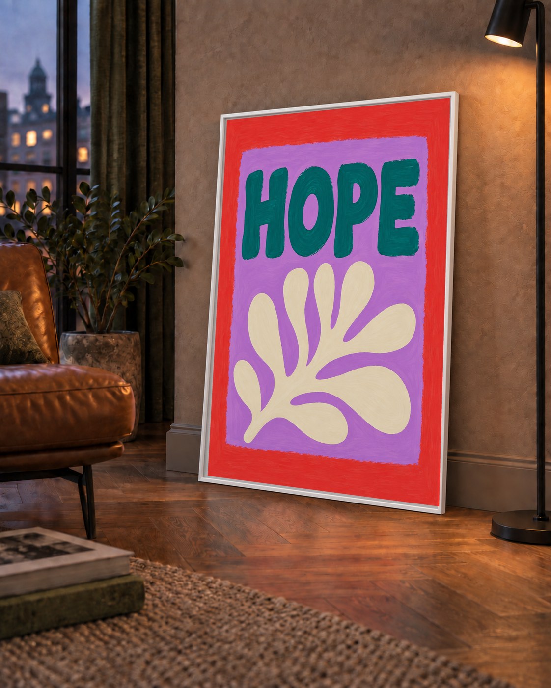 HOPE Yazılı Umut Temalı Soyut Yaprak Poster — çerçeveli hâliyle bir ev duvarında
