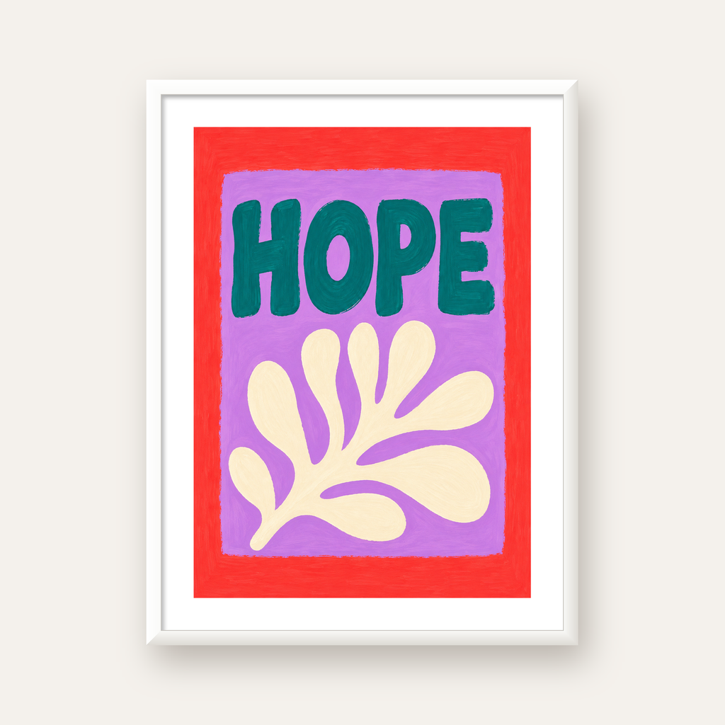 HOPE Yazılı Umut Temalı Soyut Yaprak Poster — beyaz çerçeveli dikey poster