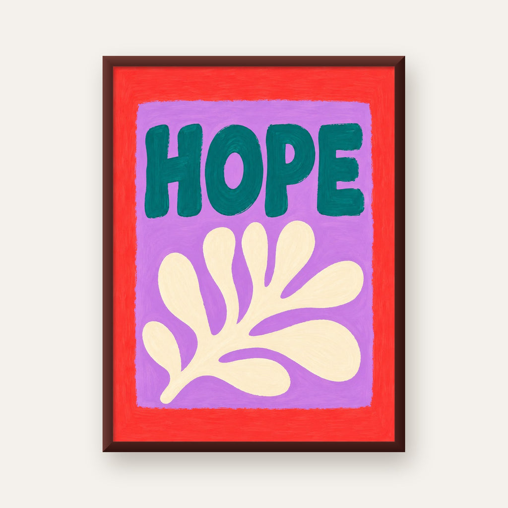 HOPE Yazılı Umut Temalı Soyut Yaprak Poster — ceviz çerçeveli