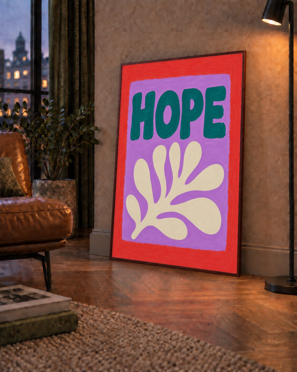 HOPE Yazılı Umut Temalı Soyut Yaprak Poster — çerçeveli hâliyle bir ev duvarında