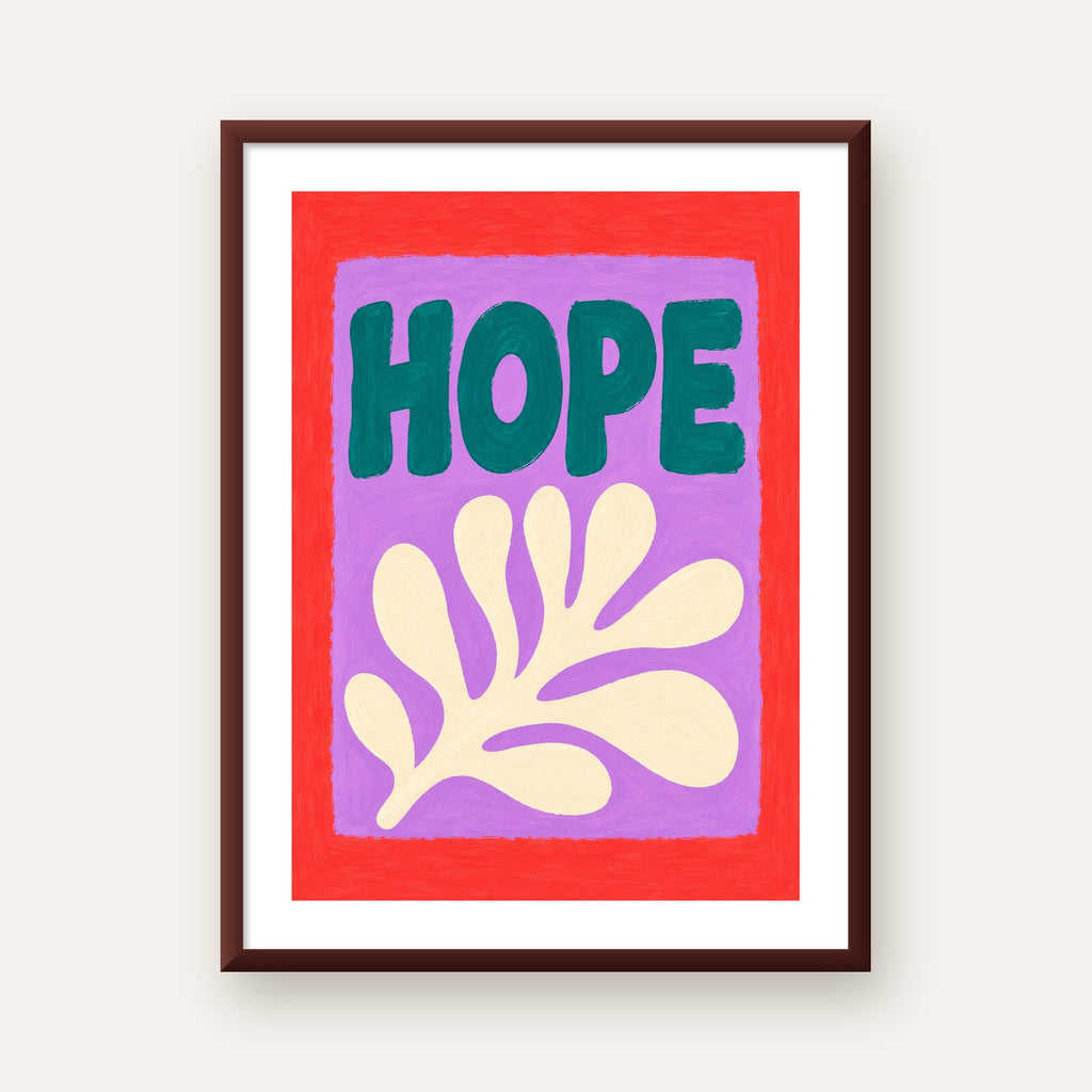 HOPE Yazılı Umut Temalı Soyut Yaprak Poster — ceviz çerçeveli paspartulu