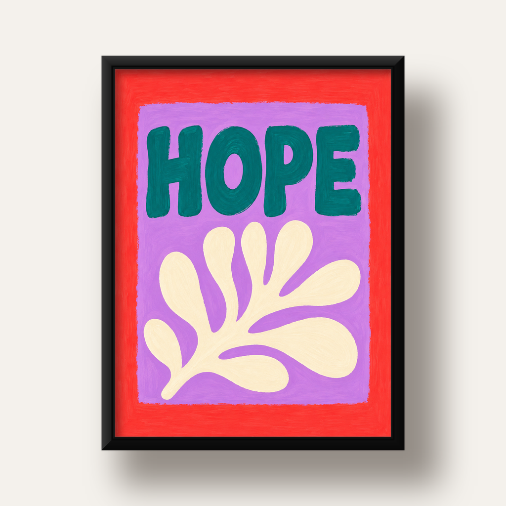 HOPE Yazılı Umut Temalı Soyut Yaprak Poster — siyah derin çerçeveli