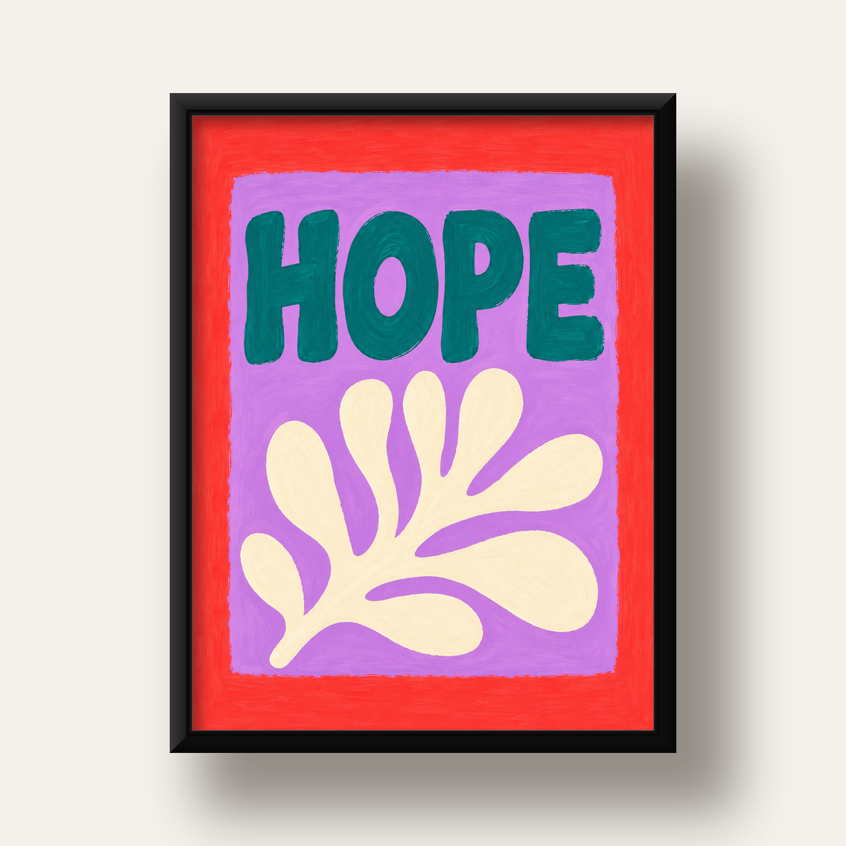 HOPE Yazılı Umut Temalı Soyut Yaprak Poster — siyah derin çerçeveli