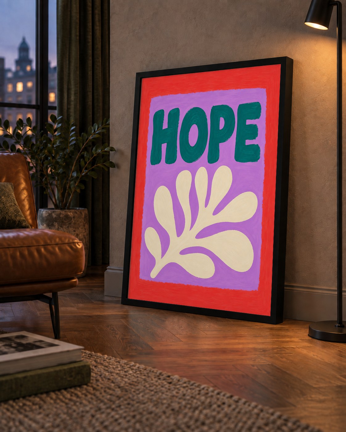 HOPE Yazılı Umut Temalı Soyut Yaprak Poster — çerçeveli hâliyle bir ev duvarında