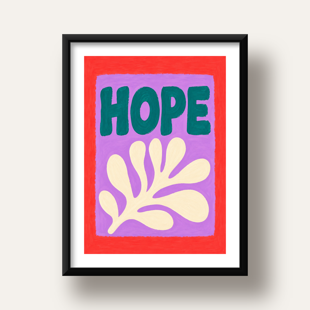 HOPE Yazılı Umut Temalı Soyut Yaprak Poster — siyah derin çerçeveli paspartulu
