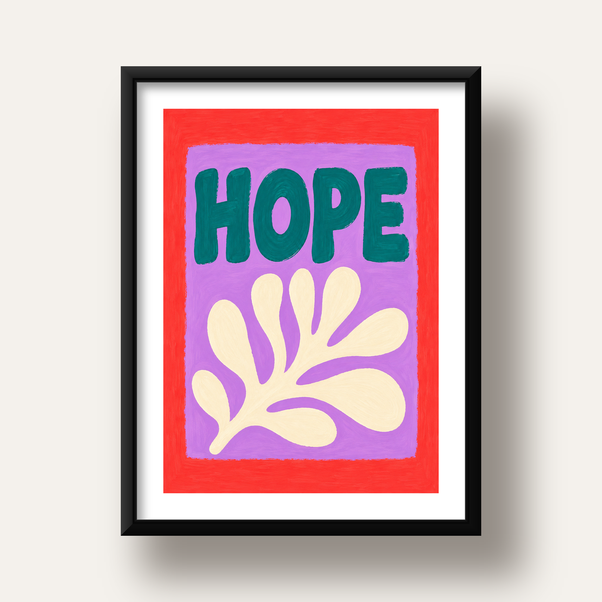HOPE Yazılı Umut Temalı Soyut Yaprak Poster — siyah derin çerçeveli paspartulu