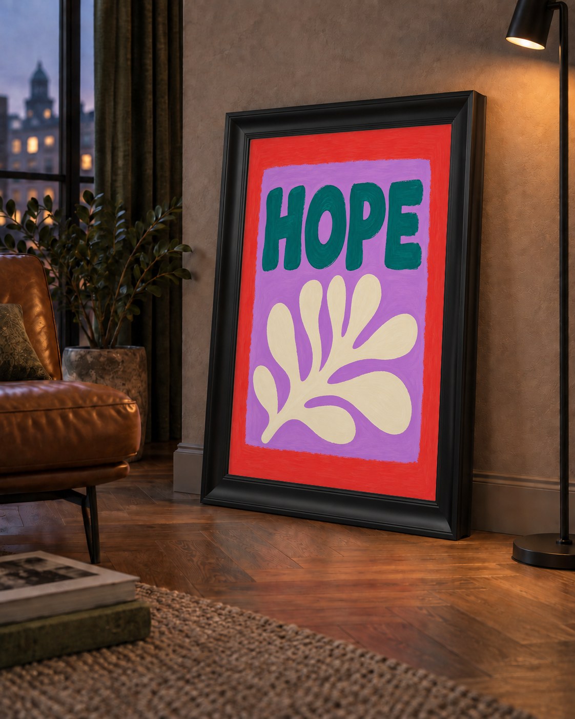 HOPE Yazılı Umut Temalı Soyut Yaprak Poster — çerçeveli hâliyle bir ev duvarında