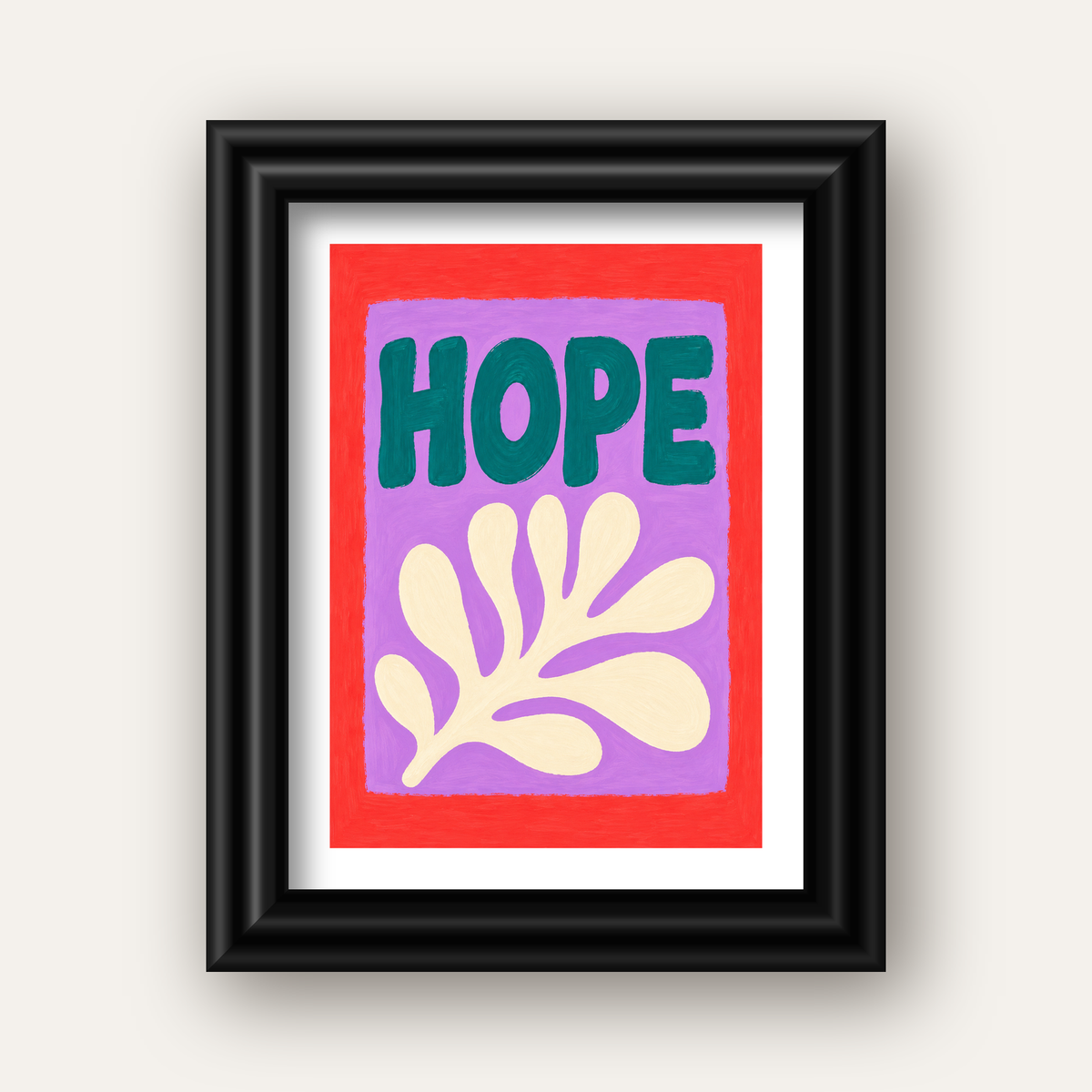 HOPE Yazılı Umut Temalı Soyut Yaprak Poster — siyah galeri çerçeveli paspartulu