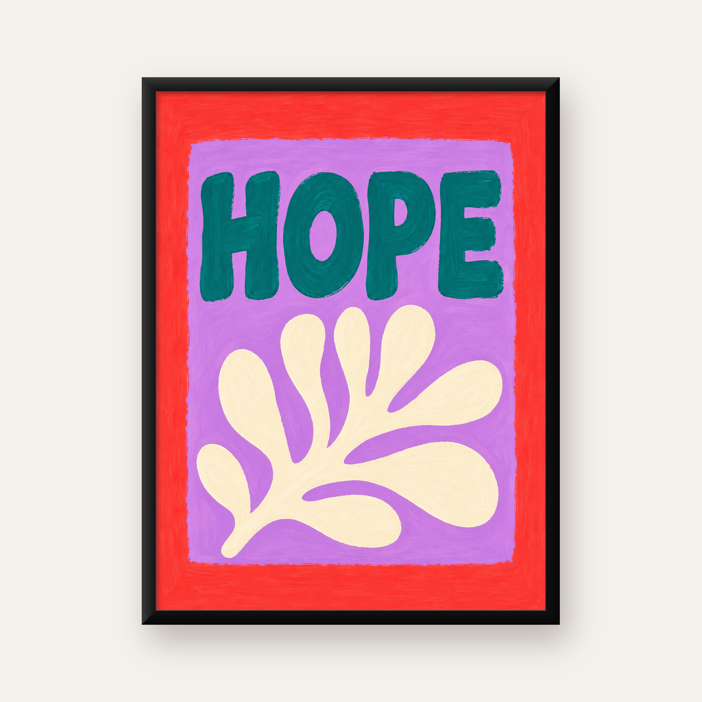HOPE Yazılı Umut Temalı Soyut Yaprak Poster — Dikey baskı, düz siyah çerçeveli duvar posteri