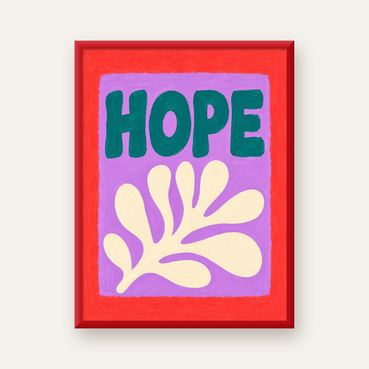 HOPE Yazılı Umut Temalı Soyut Yaprak Poster — kırmızı çerçeveli