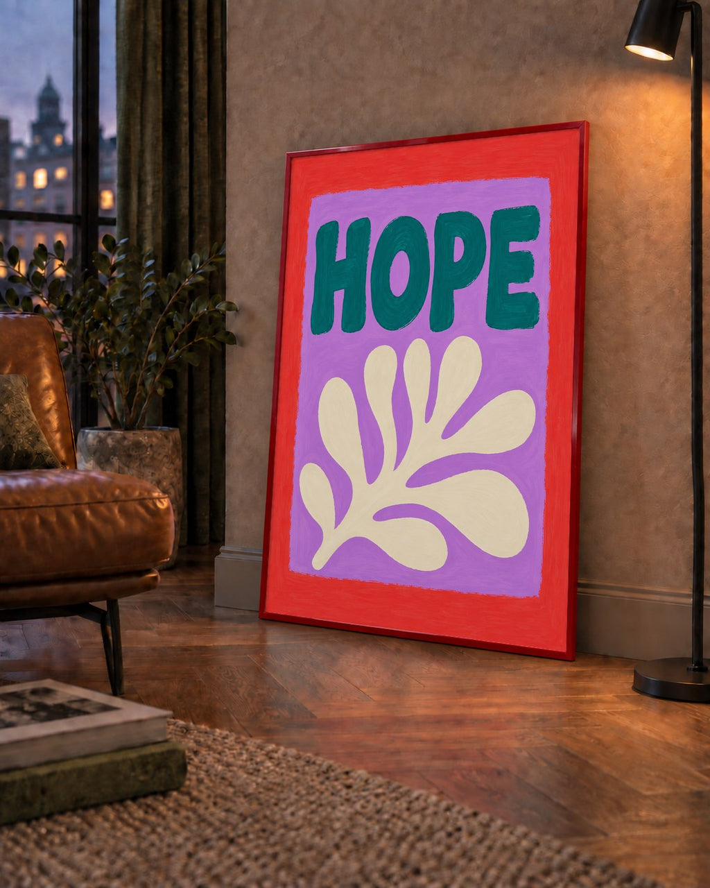 HOPE Yazılı Umut Temalı Soyut Yaprak Poster — çerçeveli hâliyle bir ev duvarında
