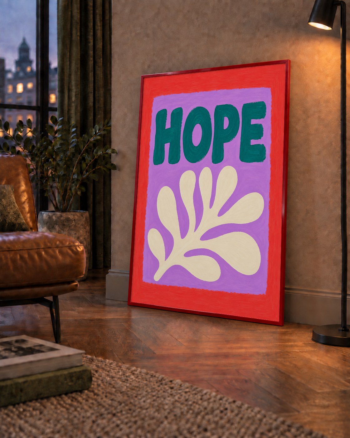 HOPE Yazılı Umut Temalı Soyut Yaprak Poster — çerçeveli hâliyle bir ev duvarında