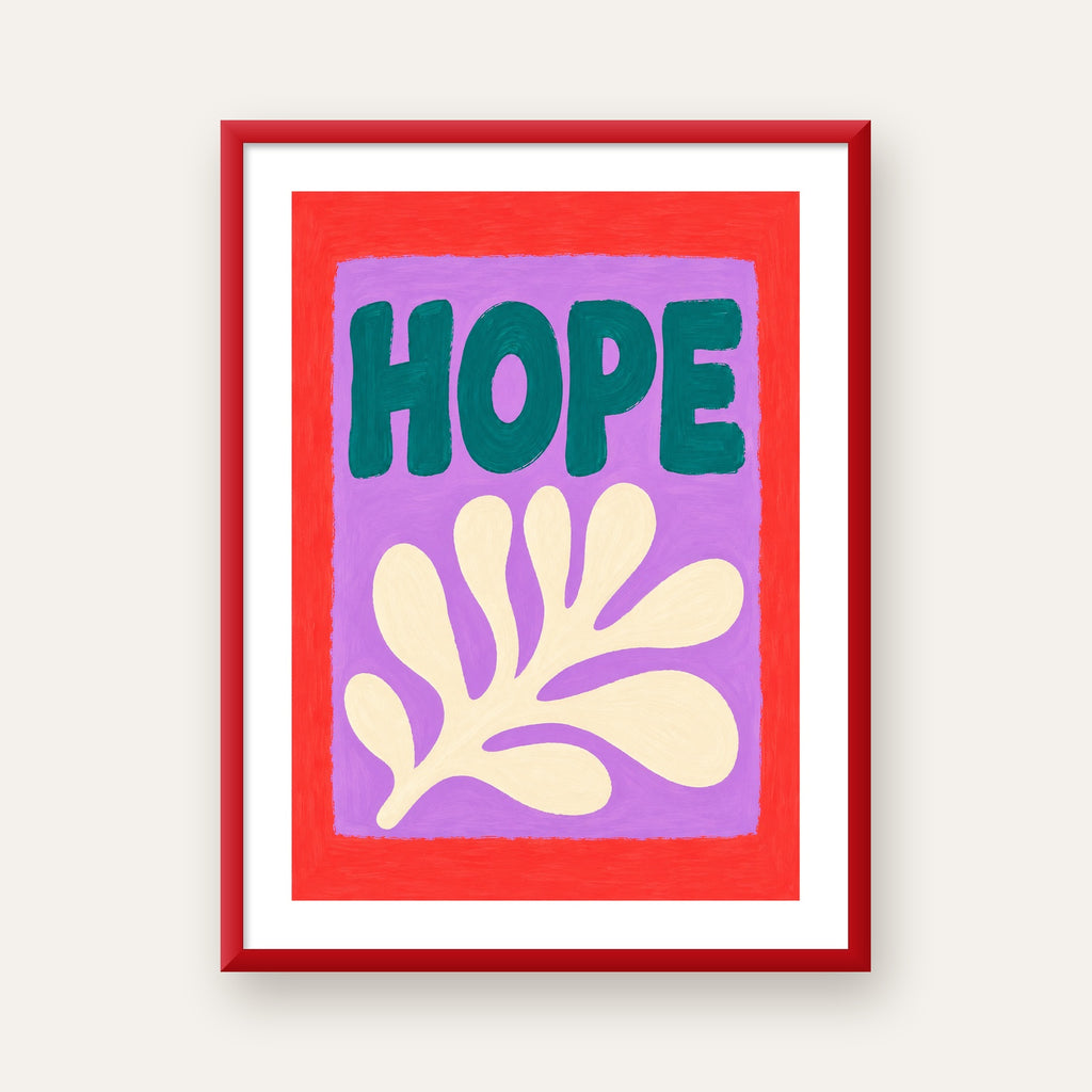 HOPE Yazılı Umut Temalı Soyut Yaprak Poster — kırmızı çerçeveli paspartulu