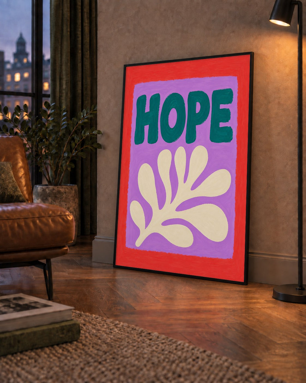 HOPE Yazılı Umut Temalı Soyut Yaprak Poster — çerçeveli hâliyle bir ev duvarında