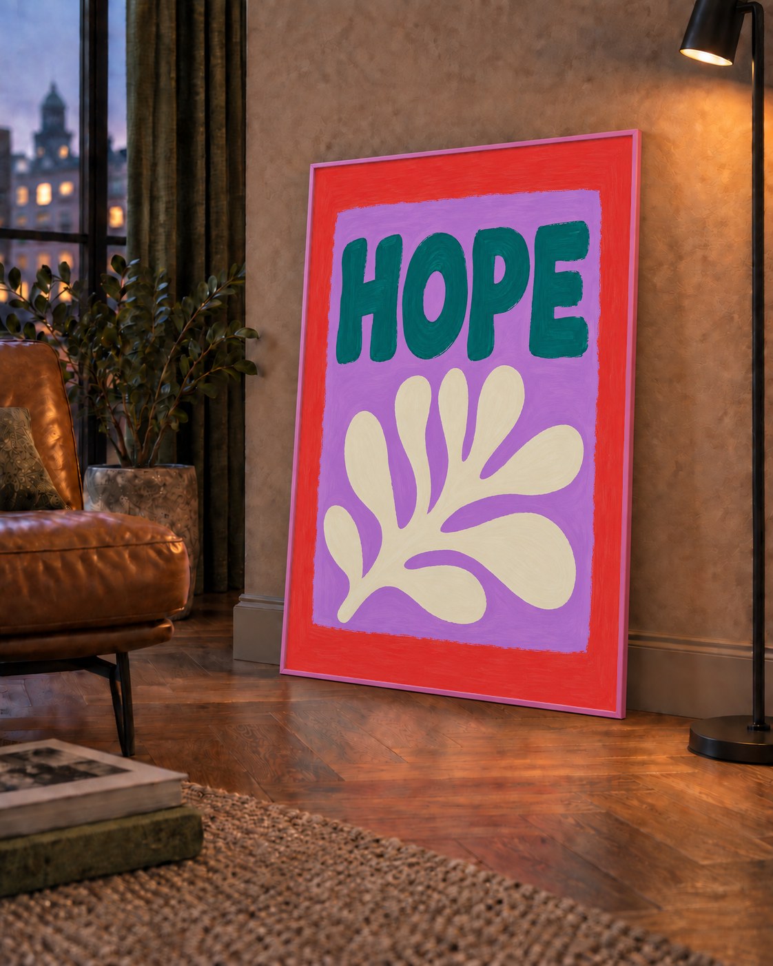 HOPE Yazılı Umut Temalı Soyut Yaprak Poster — çerçeveli hâliyle bir ev duvarında