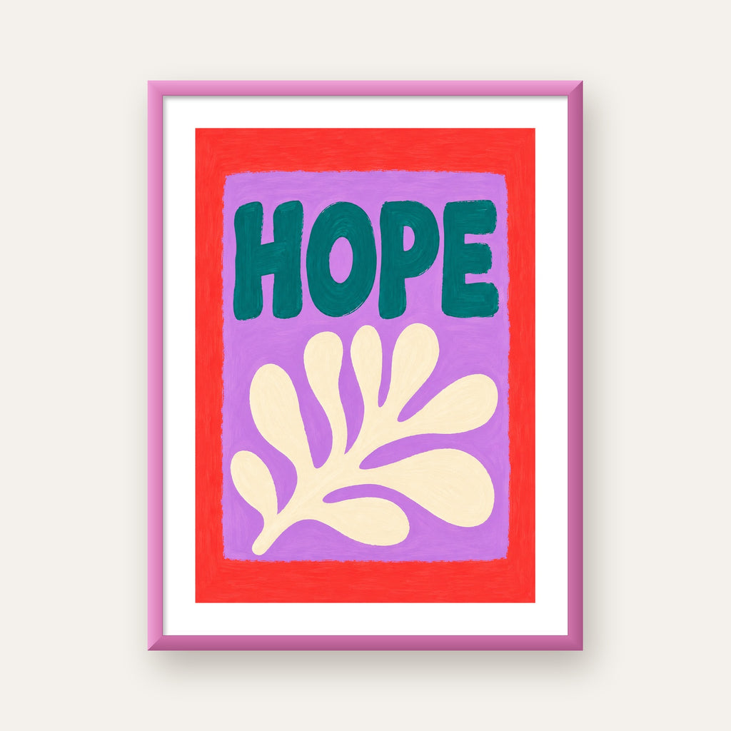 HOPE Yazılı Umut Temalı Soyut Yaprak Poster — pembe çerçeveli paspartulu