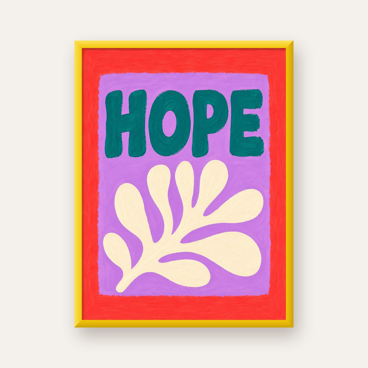 HOPE Yazılı Umut Temalı Soyut Yaprak Poster — sarı çerçeveli
