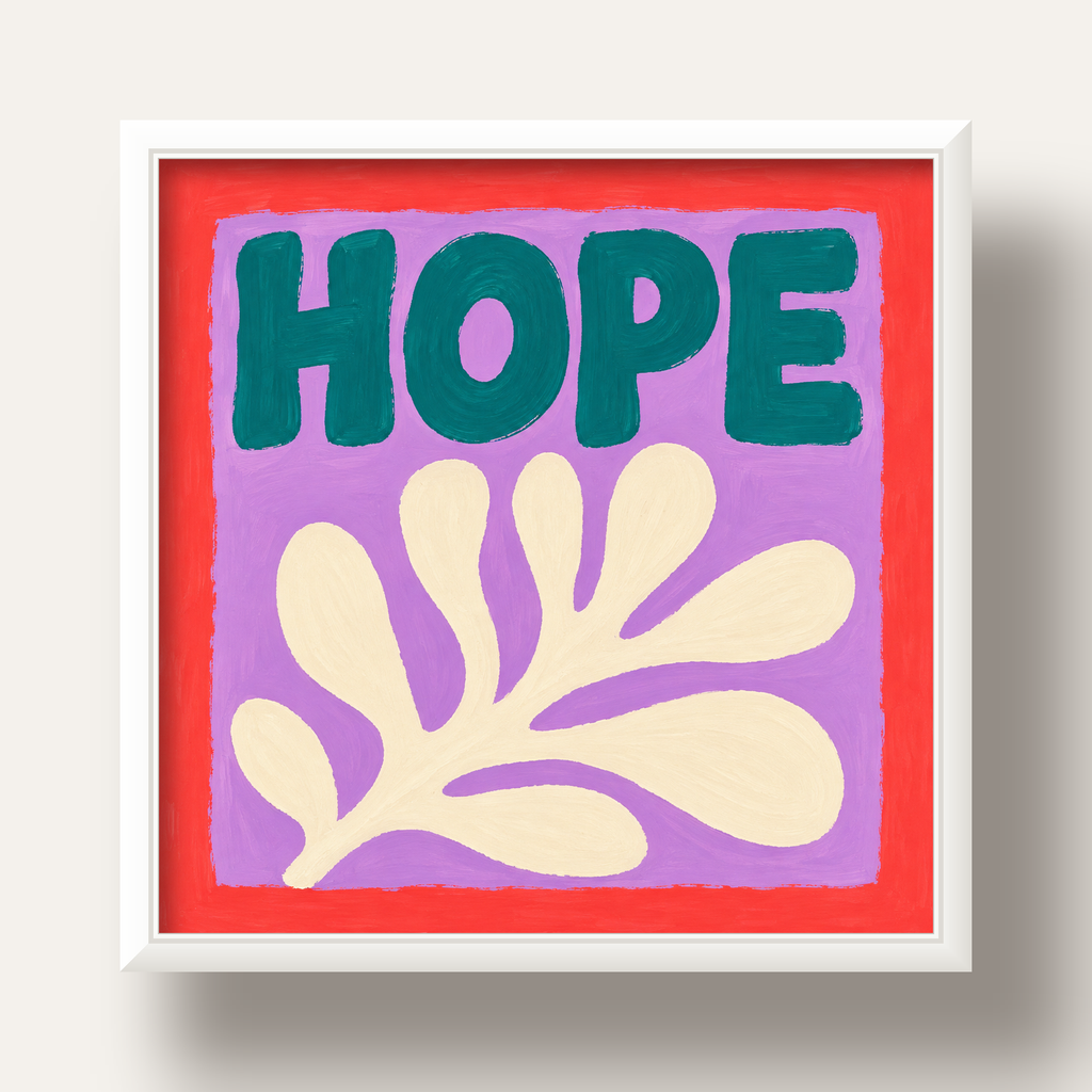 HOPE Yazılı Umut Temalı Soyut Yaprak Poster — beyaz derin çerçeveli