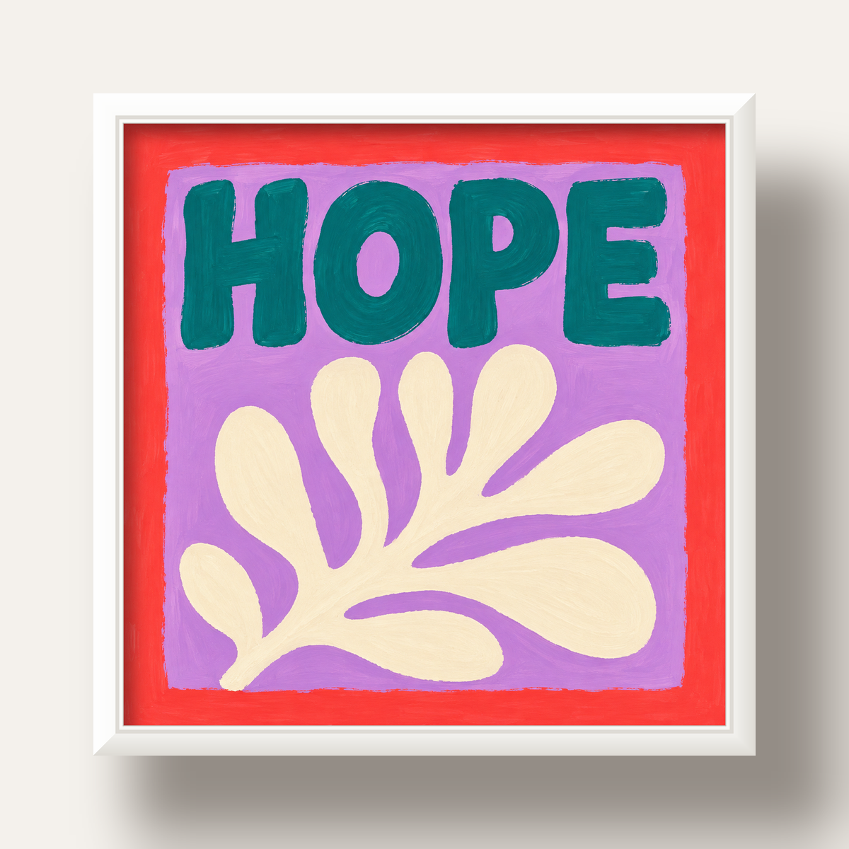 HOPE Yazılı Umut Temalı Soyut Yaprak Poster — beyaz derin çerçeveli