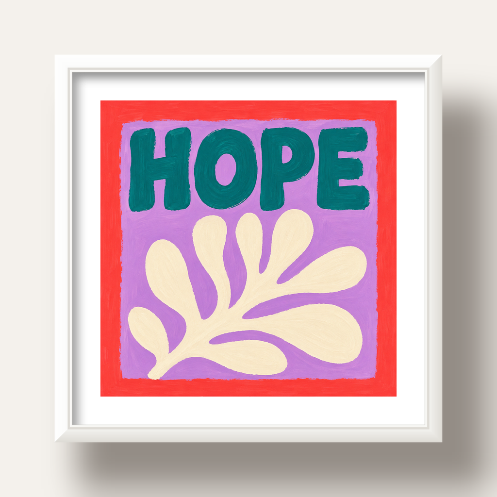 HOPE Yazılı Umut Temalı Soyut Yaprak Poster — beyaz derin çerçeveli paspartulu