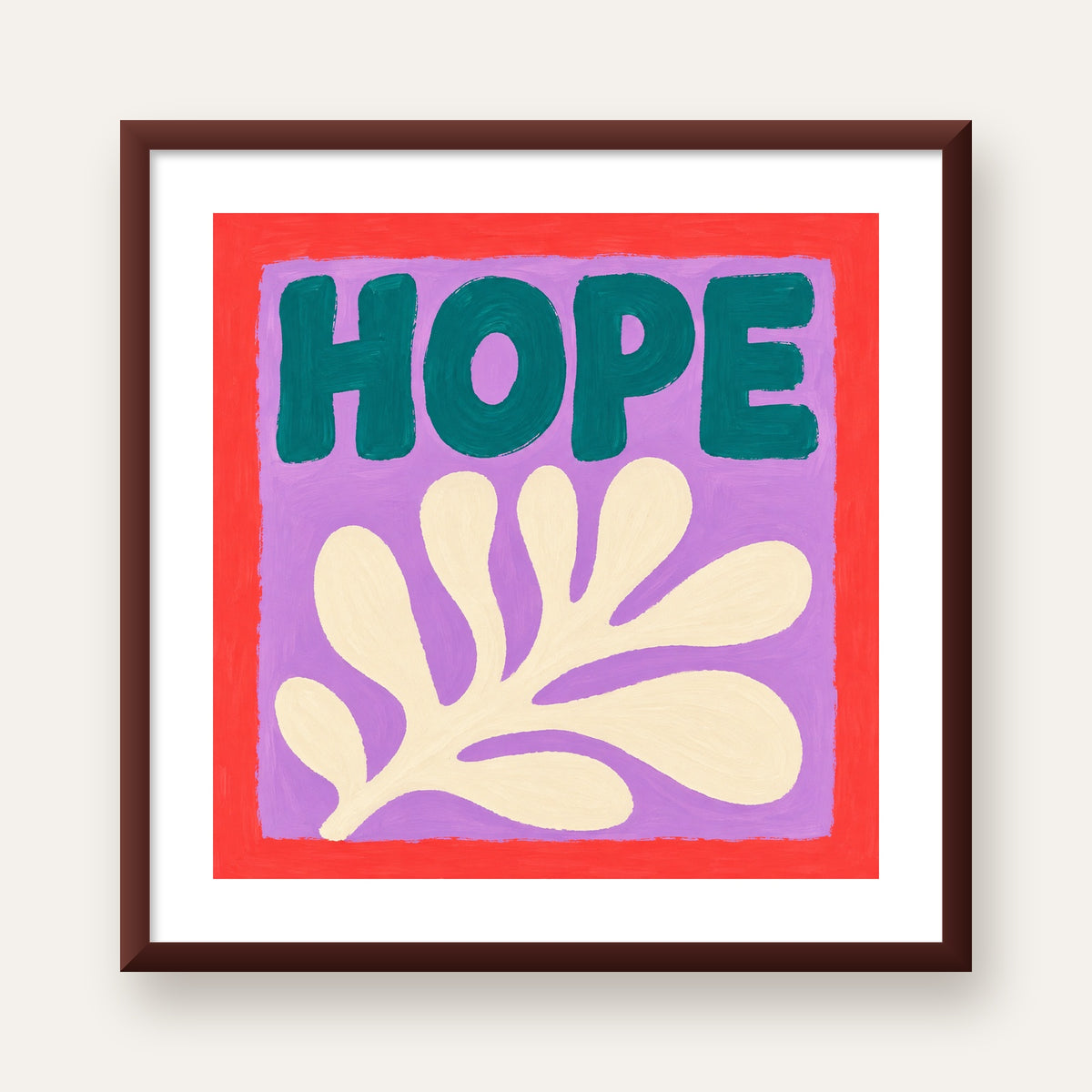 HOPE Yazılı Umut Temalı Soyut Yaprak Poster — ceviz çerçeveli paspartulu