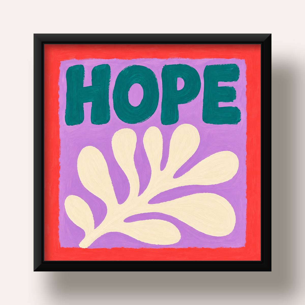 HOPE Yazılı Umut Temalı Soyut Yaprak Poster — siyah derin çerçeveli