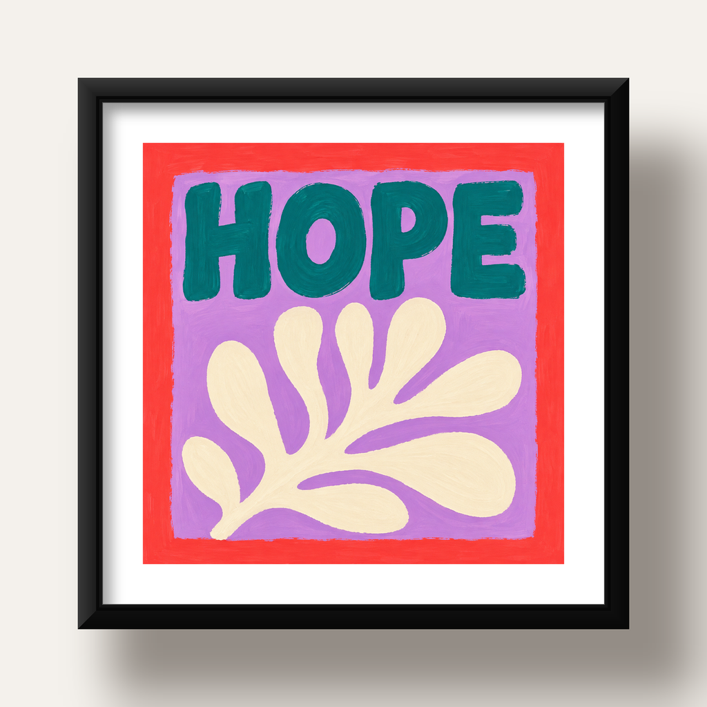 HOPE Yazılı Umut Temalı Soyut Yaprak Poster — siyah derin çerçeveli paspartulu